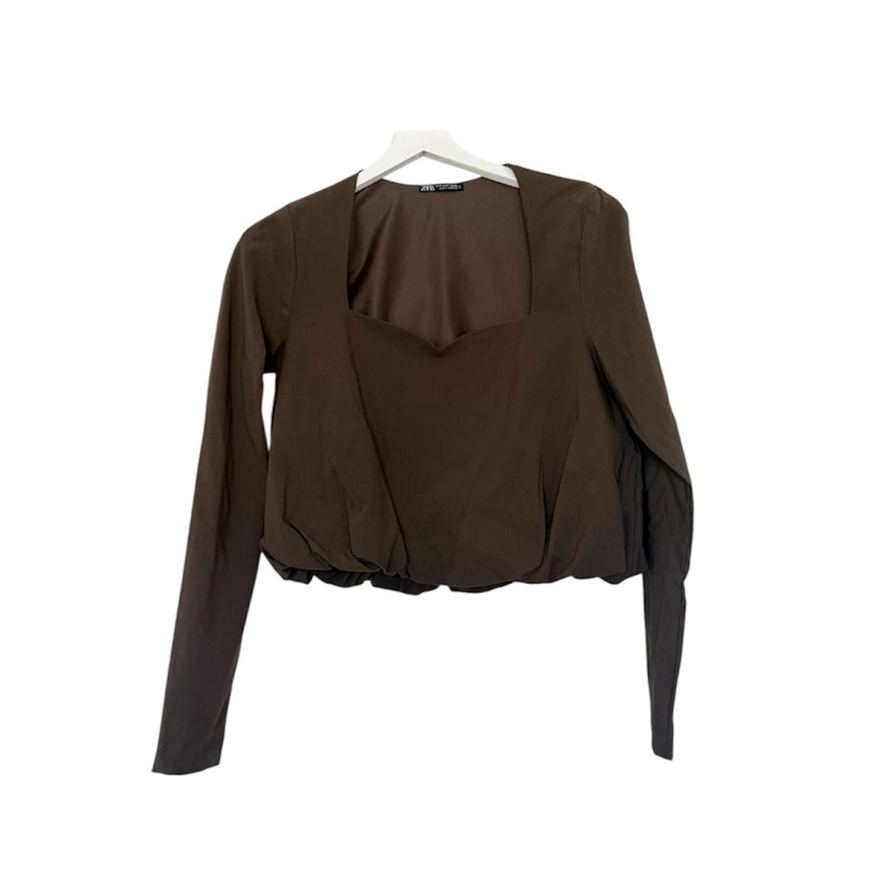 ZARA Brown Squareneck Long Sleeve Bubble Hem Top Shirt Blouse Size Medium